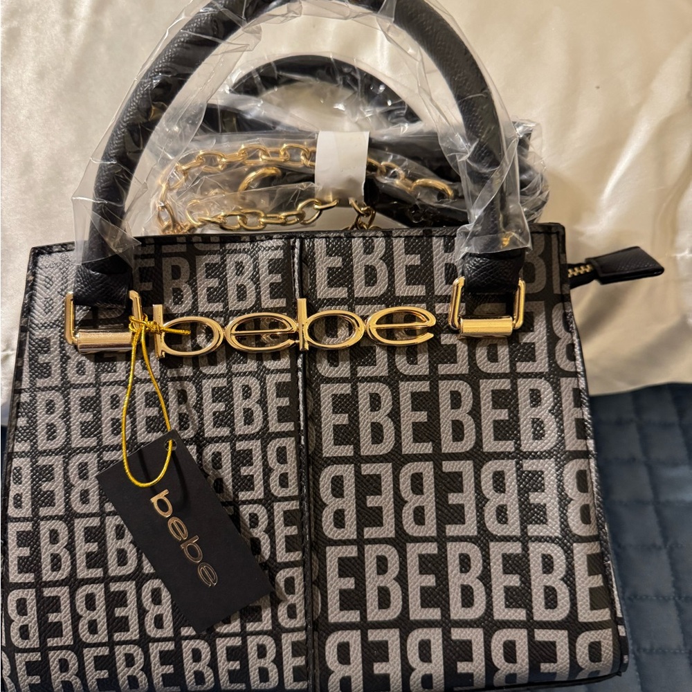 Bebe Monogram Black and Gold Satchel